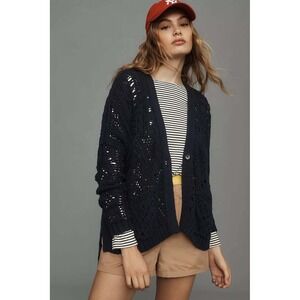 Pilcro Cardigan Sweater S Open-Stitch Navy Blue High Low Cotton OB1877514